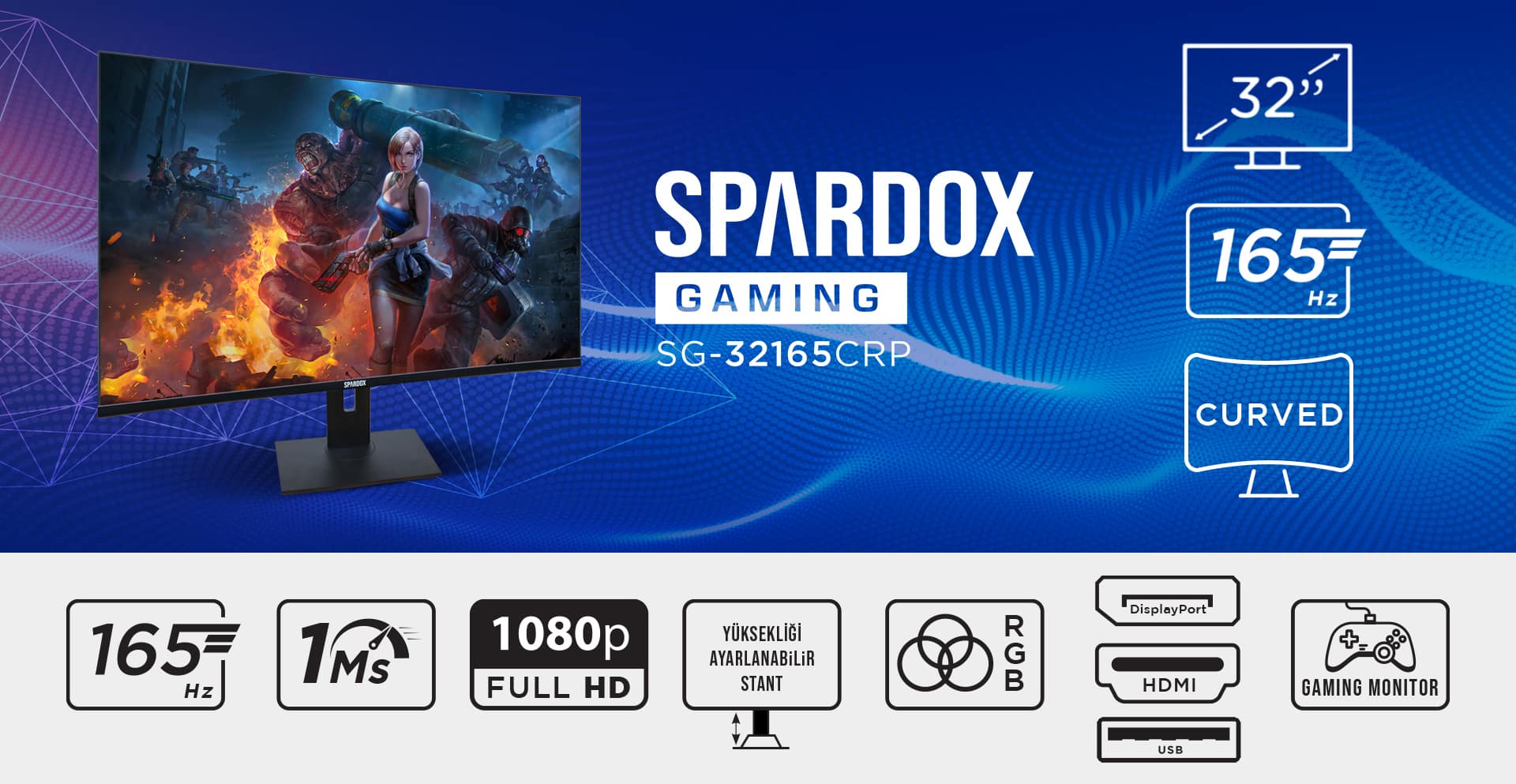 Spardox Gaming Curved SG-32165CRP 32″ 1ms 165Hz VA 1xDP FullHD Pivot Oyuncu Monitörü